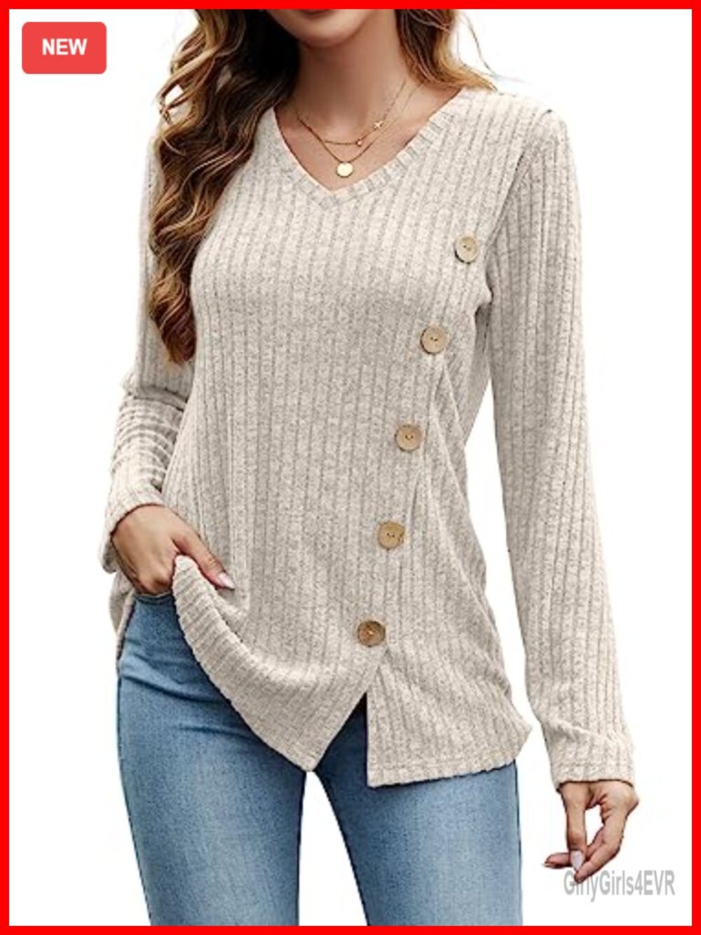 Dimur Women's Long Sleeve Tunic Sweater V-Neck Button Side Loose Fit Top